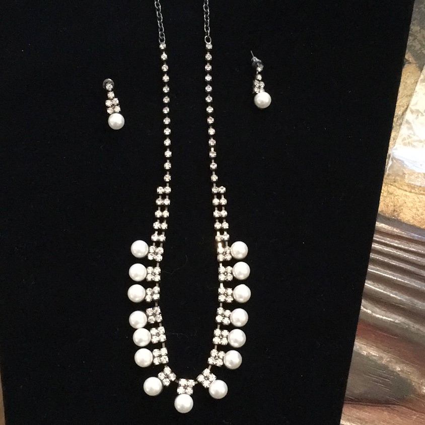 Pearl And Diamond Faux Necklace And Earring Set